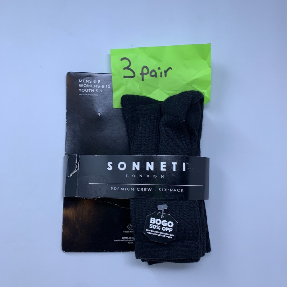 Sonneti London Unisex M 6-8 W 6-10 Black Premium Crew 3 Pair Socks NWT